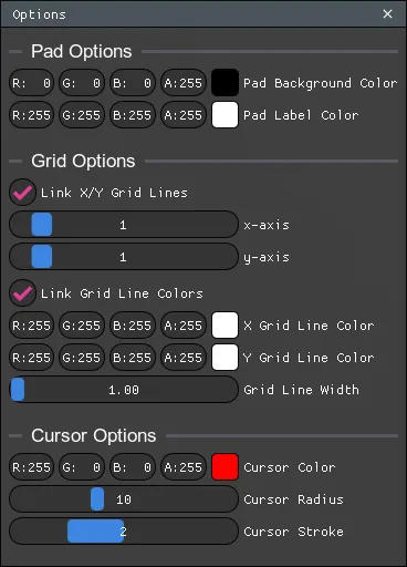 XY Pad Options Window