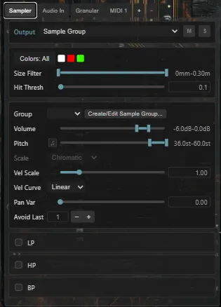 Sound slot controls — slot tabs showing one of each output mode at the top, with Sample Group selected and its controls displayed below